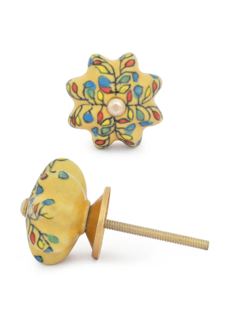 Yellow Flower Shaped Dresser Cabinet Knob With Multicolor Leaves
