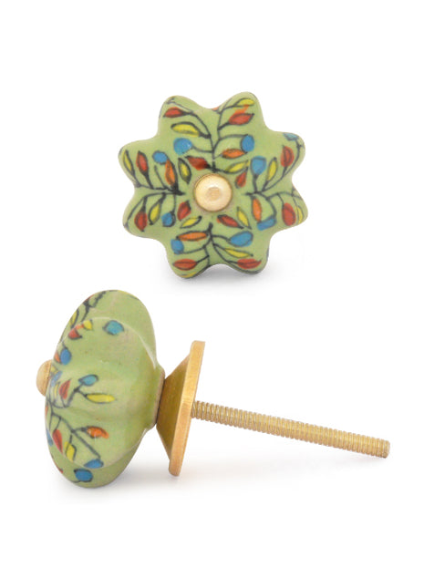 Green Flower Shaped Dresser Cabinet Knob With Multicolor Leaves