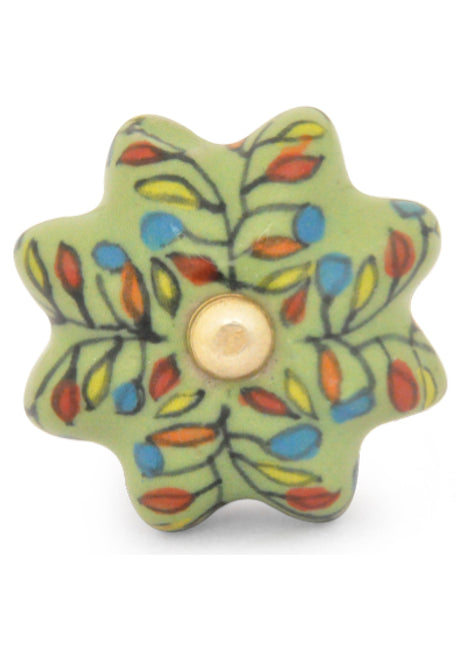 Green Flower Shaped Dresser Cabinet Knob With Multicolor Leaves