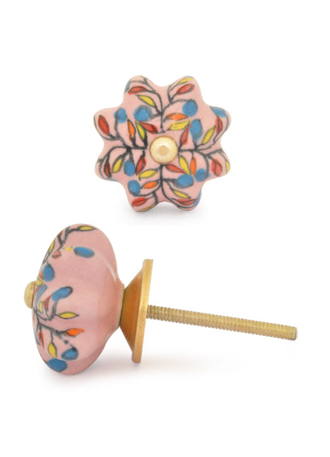 Pink Flower Shaped Dresser Cabinet Knob With Multicolor Leaves