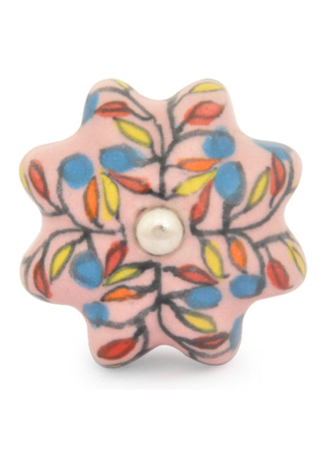 Pink Flower Shaped Dresser Cabinet Knob With Multicolor Leaves