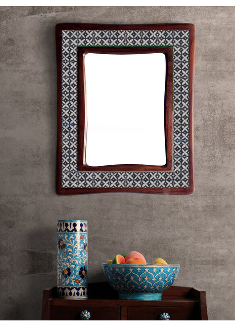 Black And White Designer Sagwan Wooden Tile Mirror
