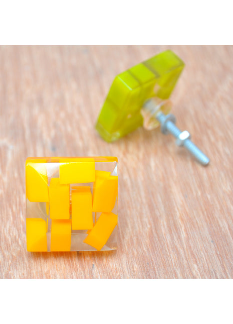 Rectangular Yellow Shades In White Transparent Square Drawer Knob
