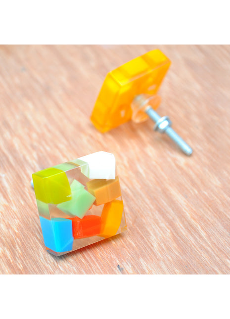 Antique Multicolor Blocks In Transparent Square Kitchen Cabinet Knob