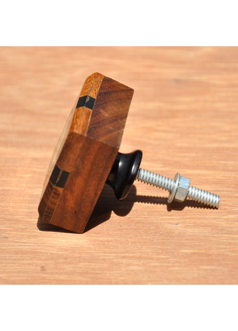 Wooden Square Drawer Knob With Black And Aqua Green Resin Design