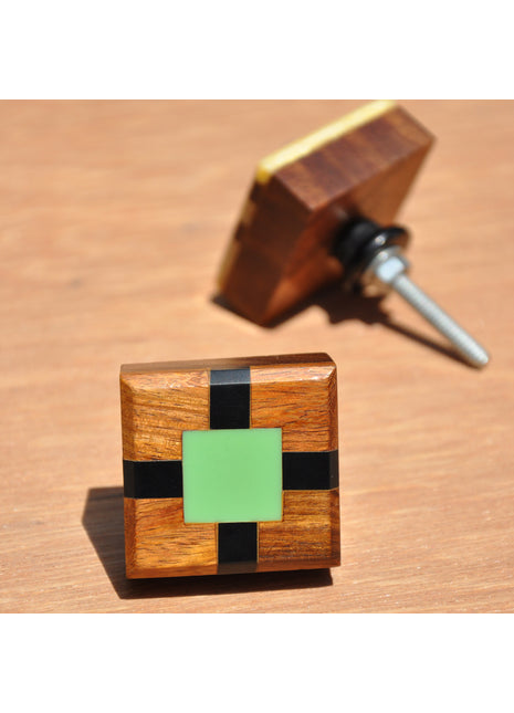 Wooden Square Drawer Knob With Black And Aqua Green Resin Design