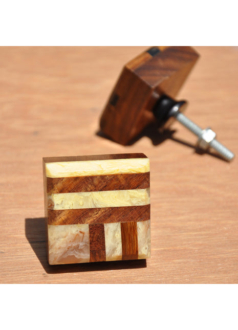 Square Shaped Wooden Kitchen Cabinet Knob With Cream Lines