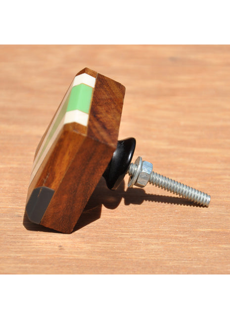 Stylish Wooden Square Drawer Knob With White And Aqua Green V Design