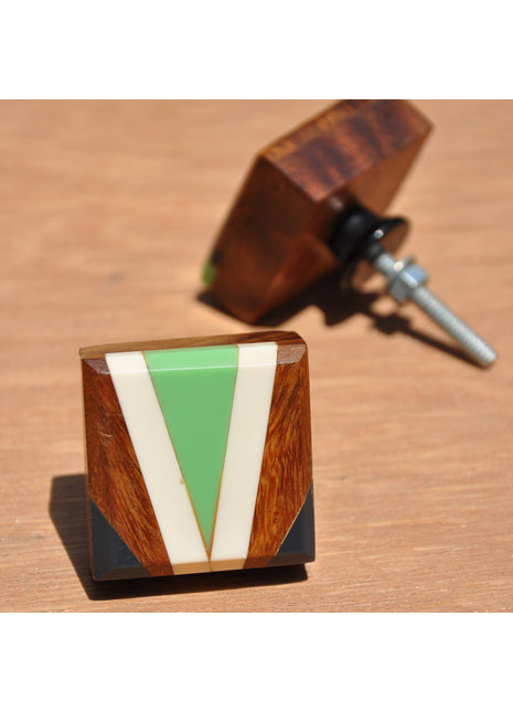 Stylish Wooden Square Drawer Knob With White And Aqua Green V Design