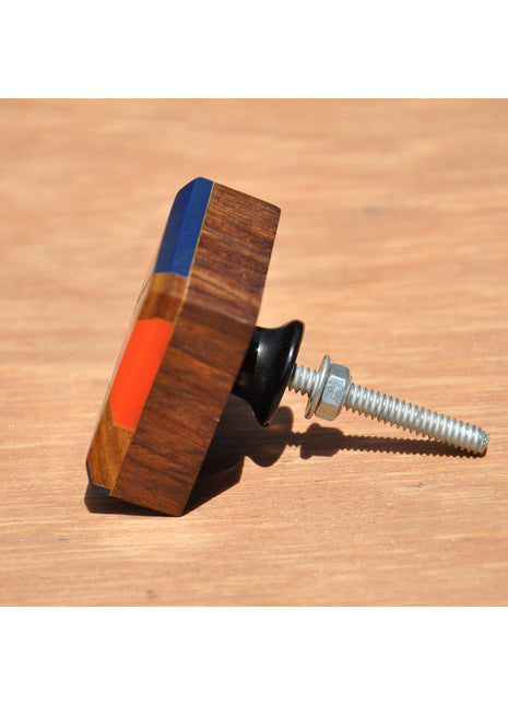 Elegant Wooden Square Dresser Cabinet Knob With Blue And Orange Resin Design