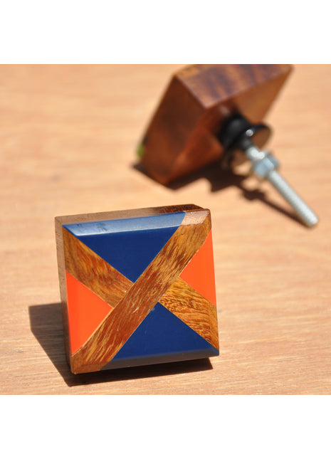 Elegant Wooden Square Dresser Cabinet Knob With Blue And Orange Resin Design