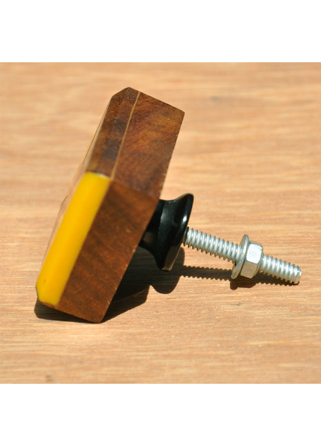 Unique Wooden Square Bathroom Knob With Yellow Resin Design