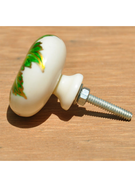 Antique Green Flower On White Resin Cupboard Knob