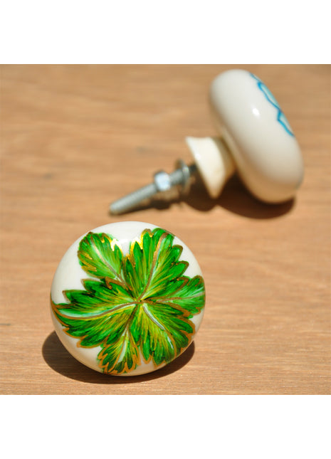 Antique Green Flower On White Resin Cupboard Knob