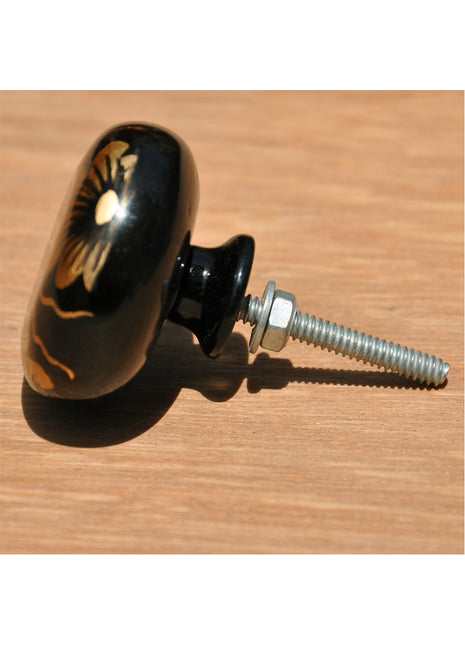 Elegant Black Dresser Cabinet Resin Knob With Golden Floral Design