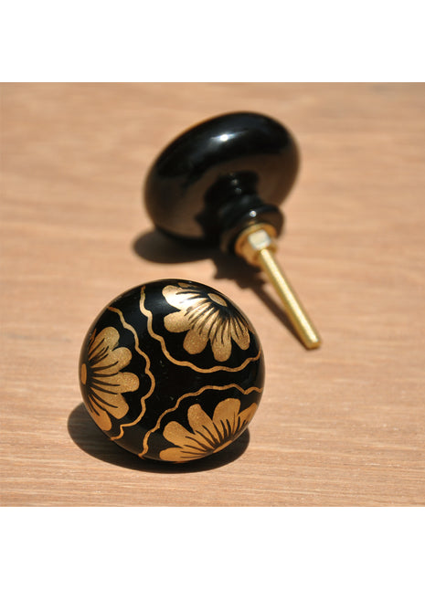Elegant Black Dresser Cabinet Resin Knob With Golden Floral Design