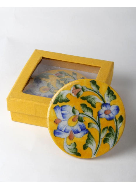 Yellow Coasters with Blue Flowers and Leaves Design( Set of 4 pieces)