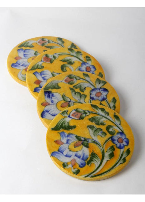 Yellow Coasters with Blue Flowers and Leaves Design( Set of 4 pieces)