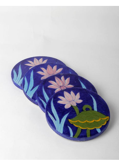 Lotus Flower design on blue base Coasters set of 4 pieces
