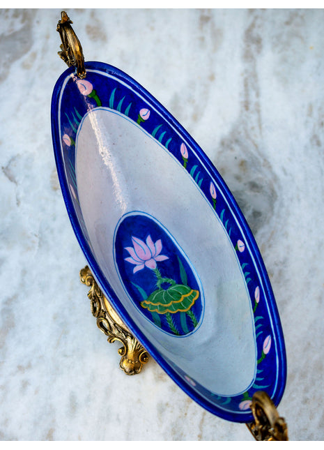 Handmade Decorative Blue Pottery Lotus Design Decor Piece With Antique Brass Metal Handle, Showpiece and Art Collectable, Table Decoration
