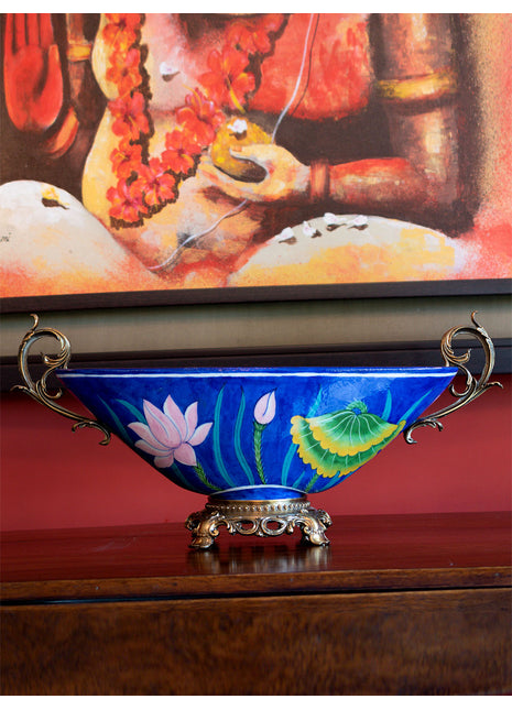 Handmade Decorative Blue Pottery Lotus Design Decor Piece With Antique Brass Metal Handle, Showpiece and Art Collectable, Table Decoration