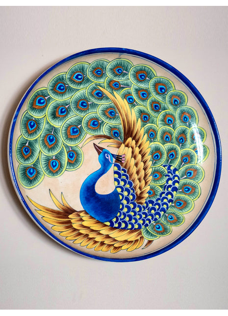 Set of 2 Vintage Hand Painted Handmade Blue Pottery Peacock Design Wall Hanging Decorative Plate, National Bird of India, Wall Decor