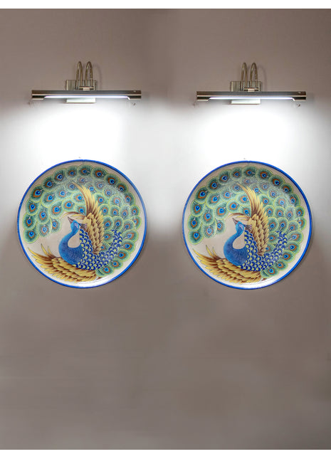 Set of 2 Vintage Hand Painted Handmade Blue Pottery Peacock Design Wall Hanging Decorative Plate, National Bird of India, Wall Decor