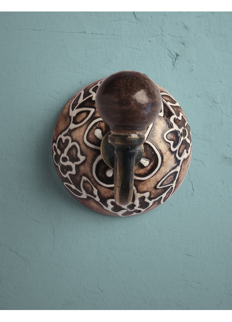 Decorative Brown Embossed Ceramic Round Coat Hook