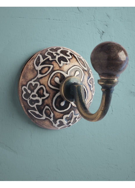 Decorative Brown Embossed Ceramic Round Coat Hook