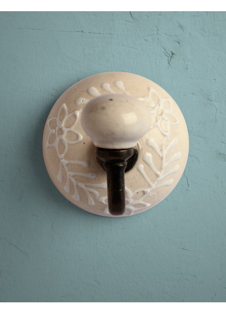 Decorative Offwhite Embossed Ceramic Round Coat Hook