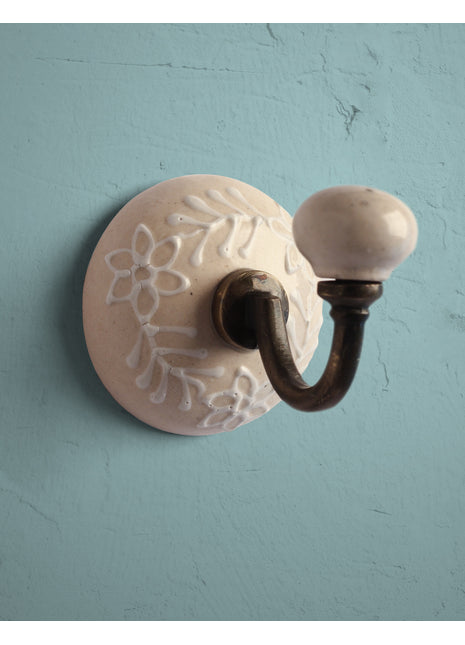Decorative Offwhite Embossed Ceramic Round Coat Hook