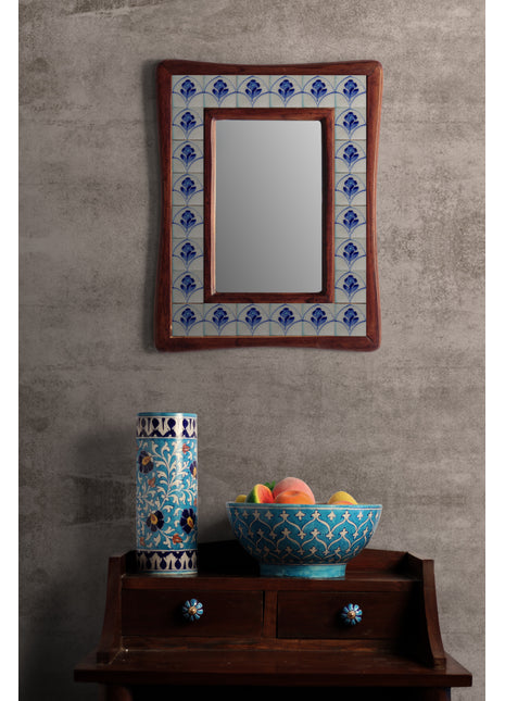 Stylish Blue And White Tile Mirror On Sagwan Wooden Frame