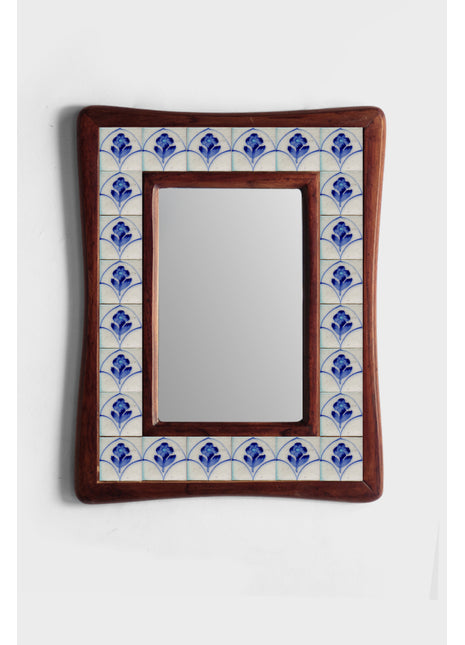 Stylish Blue And White Tile Mirror On Sagwan Wooden Frame