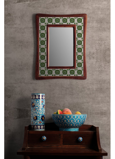 Green And White Ceramic Tile Mirror With Wooden Frame