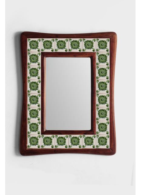 Green And White Ceramic Tile Mirror With Wooden Frame