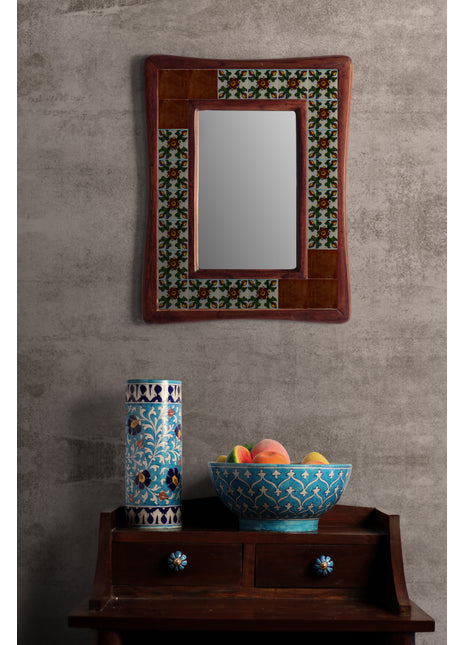 Brown And White Tile Mirror With Floral Design