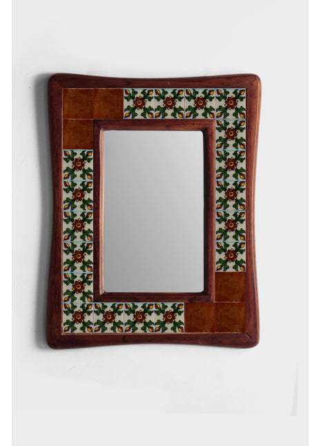 Brown And White Tile Mirror With Floral Design