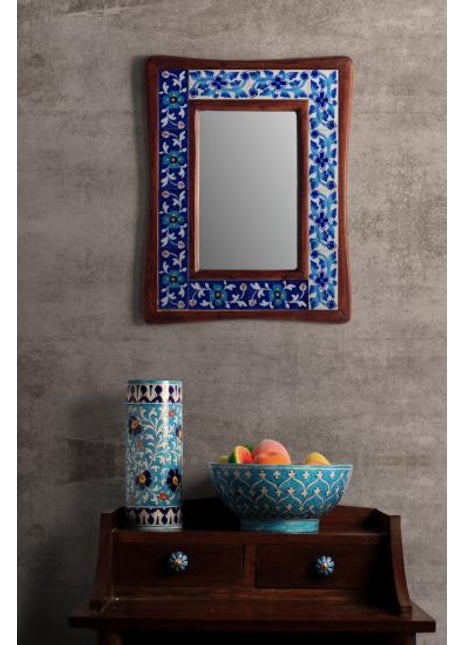 Blue Floral Design On White Tile Mirror Wooden Frame