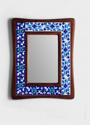 Blue Floral Design On White Tile Mirror Wooden Frame