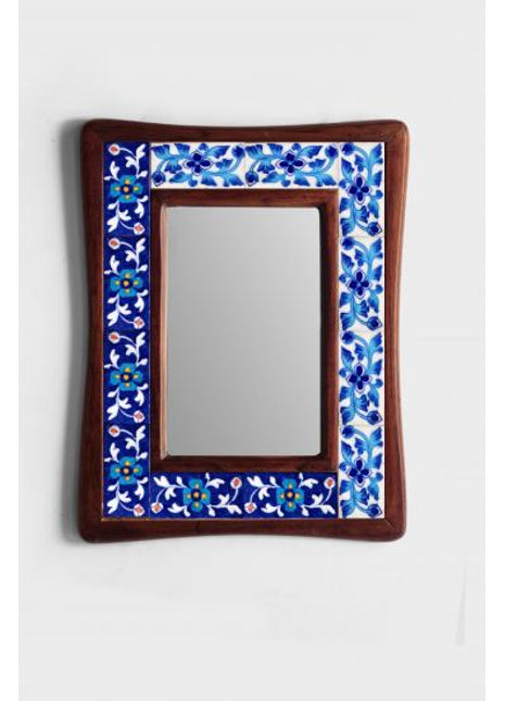 Blue Floral Design On White Tile Mirror Wooden Frame