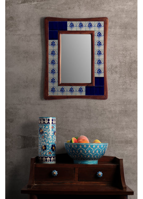 Blue Solid And Floral Tile Mirror On Sagwan Wooden Frame