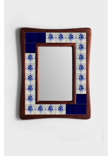 Blue Solid And Floral Tile Mirror On Sagwan Wooden Frame