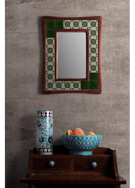 Green Solid And Floral Tile Mirror On Wooden Frame