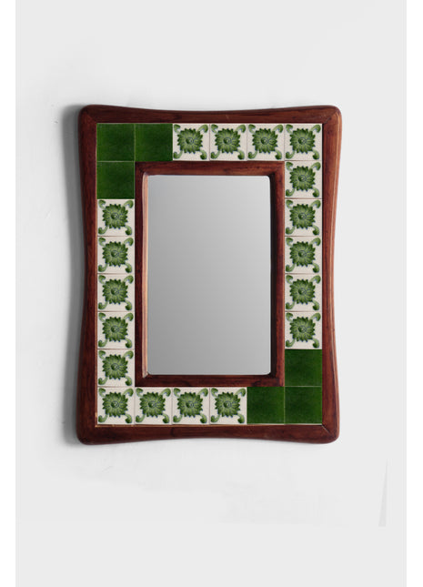 Green Solid And Floral Tile Mirror On Wooden Frame