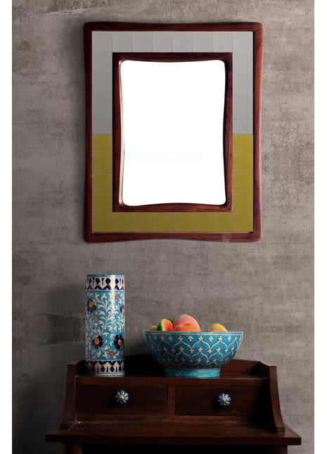 Solid White And Yellow Tile Mirror On Sagwan Wooden Frame