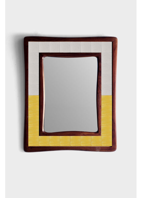 Solid White And Yellow Tile Mirror On Sagwan Wooden Frame