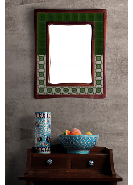 Dark Green Solid With Half Floral Tiles On Wooden Frame
