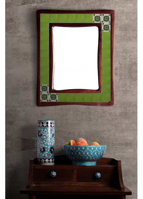 Lime Green With Floral Corner Tiles On Sagwan Wooden Frame