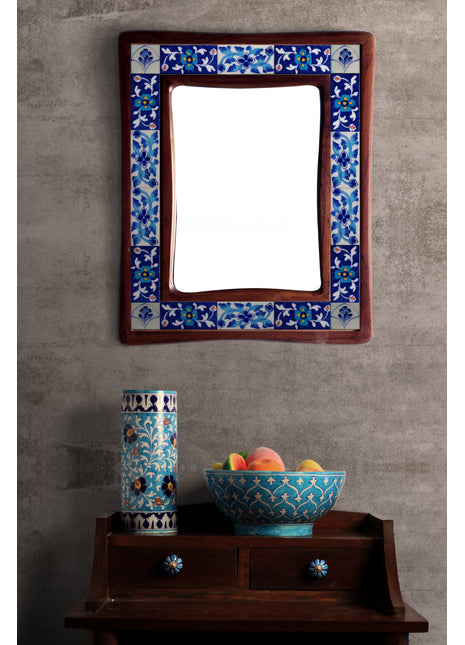 Elegant White And Blue Tile Mirror With Floral Print