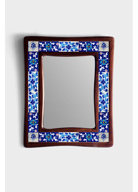 Elegant White And Blue Tile Mirror With Floral Print